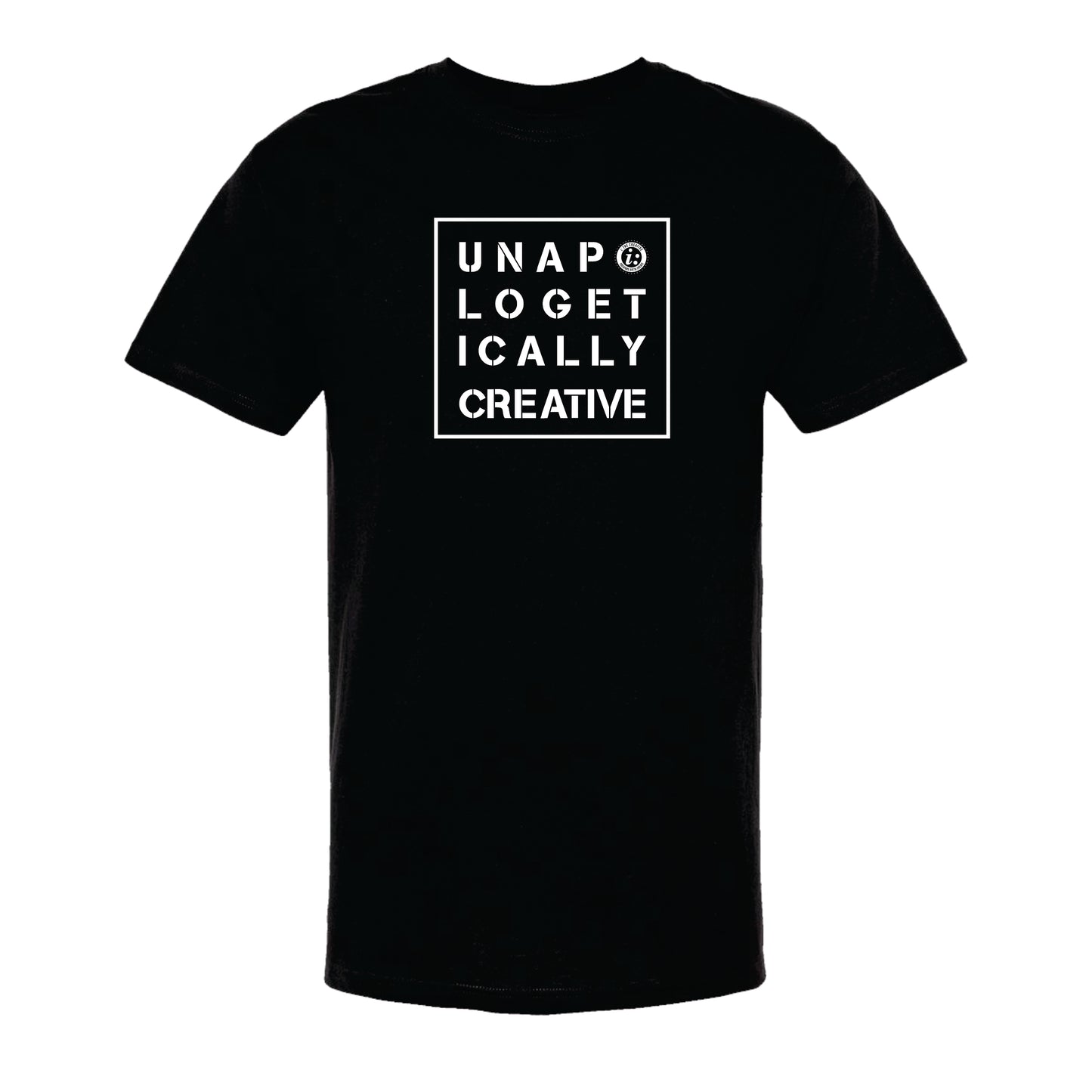 A black unisex crew neck t-shirt with the text 'UNAPOLOGETICALLY CREATIVE' printed in white on the front.