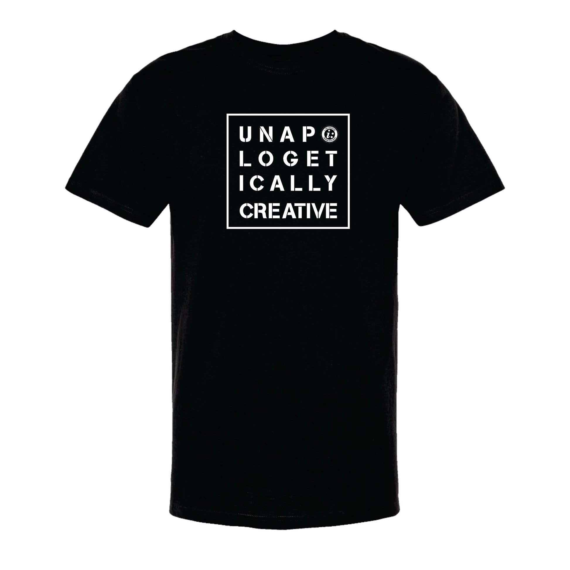A black unisex crew neck t-shirt with the text 'UNAPOLOGETICALLY CREATIVE' printed in white on the front.
