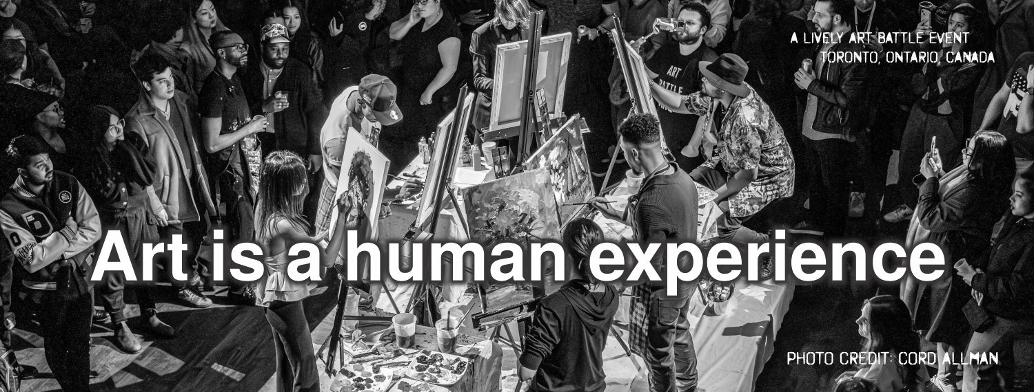 Black and white promotional photo of a crowded art gallery or exhibition space with many people around easels and paintings. Large overlaid text reads 'Art is a human experience', with smaller text including 'A LIVES ART BATTLE EVENT' and 'ONTARIO, CANADA'.